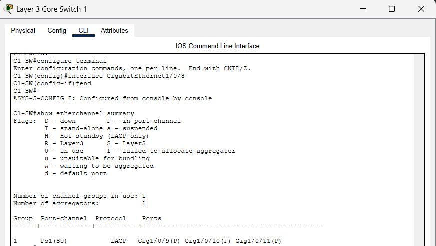EtherChannel Configuration Verification on Layer 3 Core Switch 1